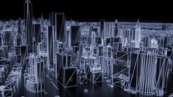 City Neon Glowing New York Nyc Flyover Wireframe Skyscraper 80S — Stock Video