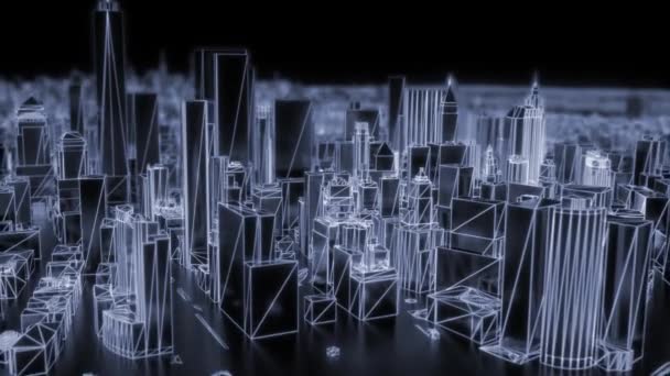 Néon Cidade Brilhante Modelo Dof Nova York Nyc Flyover Wireframe — Vídeo de Stock