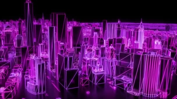 City Neon Glödande New York Nyc Flyover Wireframe Skyskrapa 80S — Stockvideo