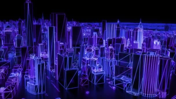 New York Işıldayan Neonu Üstgeçit Kablosu Lerin Gökdeleni — Stok video