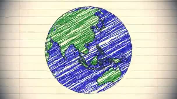 Земля Малюнок Папір Мультфільм Рука Намальована Анімація Обертається Глобус Світ — стокове відео