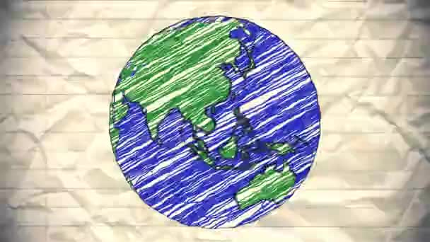 地球のドローイングペーパー漫画手描きアニメーション回転世界ペンループ — ストック動画