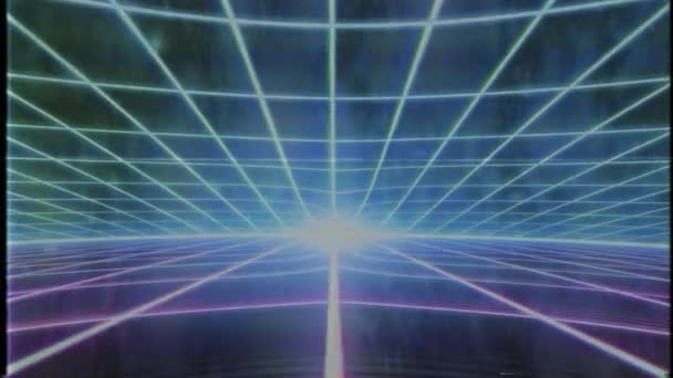 レトロな80年代のVhsテープビデオゲームの紹介風景ベクトルアーケードワイヤーフレーム4K — ストック動画