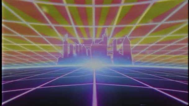 レトロな80年代のVhsテープビデオゲーム紹介風景ベクトルアーケードワイヤーフレーム市4K — ストック動画