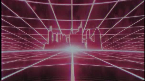 レトロな80年代のVhsテープビデオゲーム紹介風景ベクトルアーケードワイヤーフレーム市4K — ストック動画