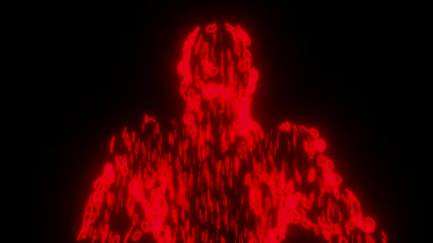 Homme binaire avec des données lumineuses orbe 0 1 rouge — Video
