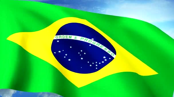 Brazilian Flag Closeup Waving Against Blue Sky Seamless Loop CG — Stock Video