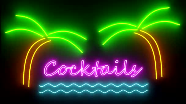 Cocktails neon sign lights logo text glowing multicolor cocktail — Stock Video