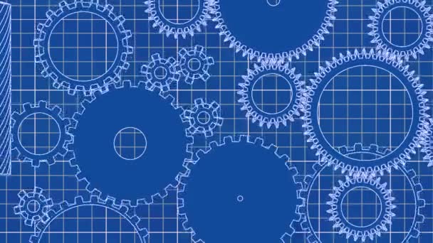 Gear cogs rotating system gearbox blueprint grid mechanism — Stock Video