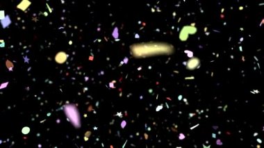 Confetti shapes falling away from camera slow motion DOF loop on black