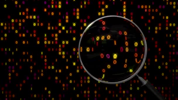 Data pod zvětšovací skleněnou binární špionážní dalekohled — Stock video