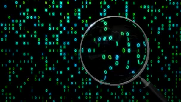 Data pod zvětšovací skleněnou binární špionážní dalekohled — Stock video