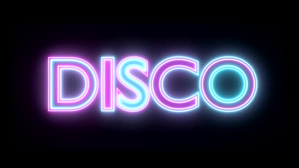 Disco neon sign lights logo text glowing multicolor — Stock Video