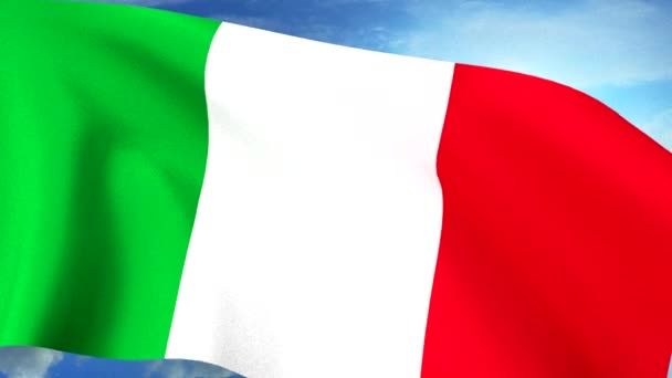 Close-up van de Italiaanse vlag zwaaien tegen blauwe hemel naadloze loops Cg — Stockvideo