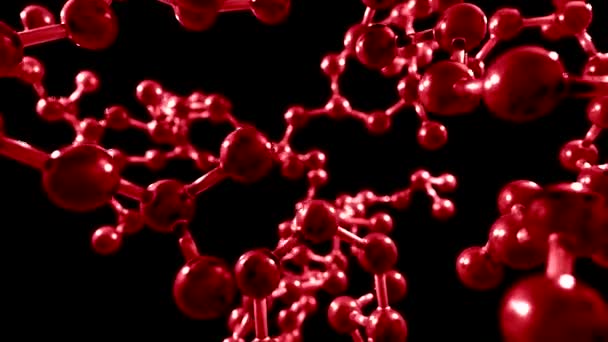 Molecule palla e bastone modello volare attraverso atomi chimica biologia scienza, rosso — Video Stock