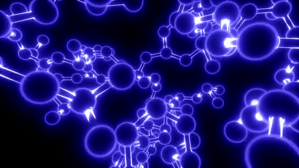 Molécula de neón bola y palo modelo volar a través de átomos química biología, azul — Vídeo de stock