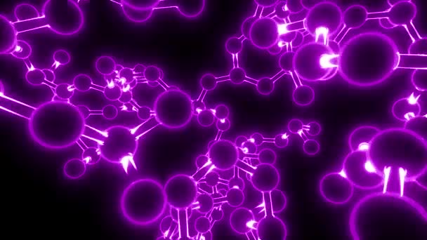 Молекулярный неоновый шар и модель палочки пролетают через биологию химии атомов, фиолетовый — стоковое видео