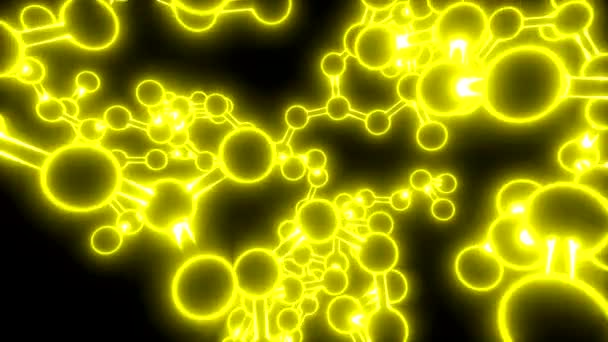 Μόριο νέον μπάλα και ραβδί μοντέλο πέταξαν μέσα από άτομα χημεία βιολογία, κίτρινο — Αρχείο Βίντεο