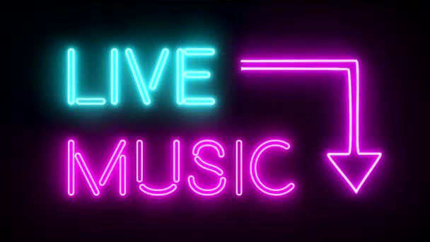 Live music neon sign lights logo text glowing multicolor — Stock Video