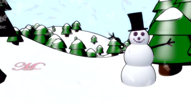 Snögubbe god jul glad viftar cart Objectsoon vintern snöflingor faller — Stockvideo