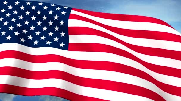 Американские флаги крупным планом машут против голубого неба CG Длинный шов штаба — стоковое видео
