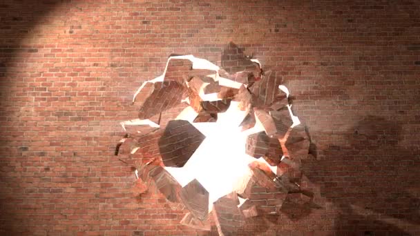 Brick wall break through demolish smash escape to white light — Stock Video