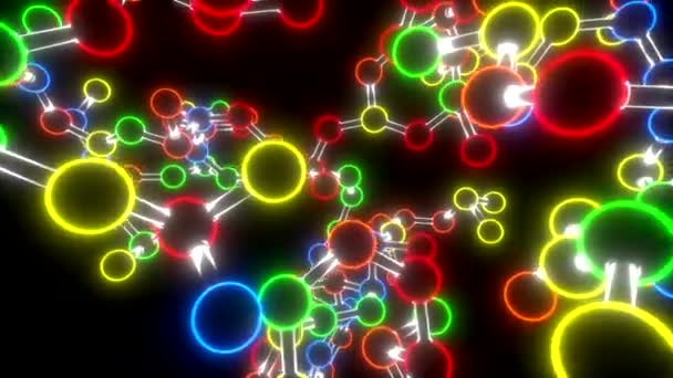 Molécula bola de néon e vara modelo voar através de átomos química biologia ciência — Vídeo de Stock