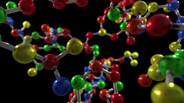 Molécula modelo de bola y palo volar a través de tecnología de átomos Química Biología Ciencias — Vídeo de stock