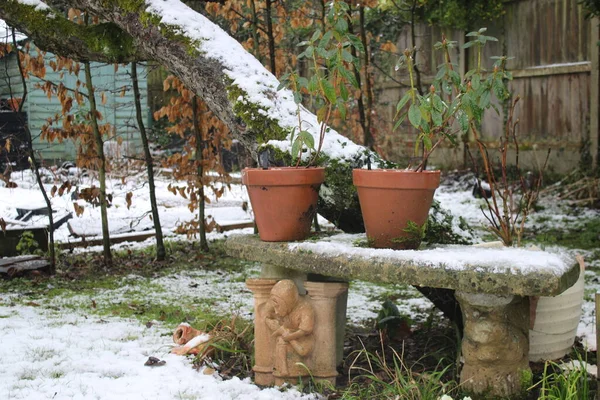 Snow Scene Landscape English Country Winter Garden Stone Bench Seat — Stock Photo, Image