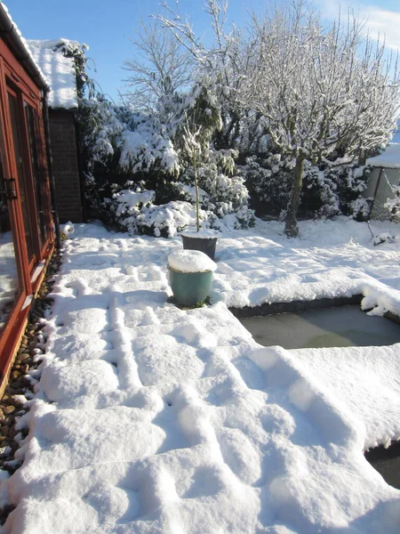 Beautiful Snow Covered English Garden Landscape Frozen White Layer Lawn — Stock Photo, Image