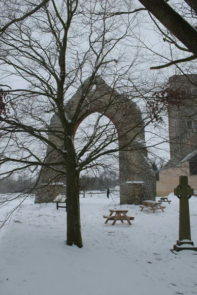 Scena Śnieżna Krajobraz Historycznych Ruin Opactwa Wymondham Norfolk East Anglia — Zdjęcie stockowe