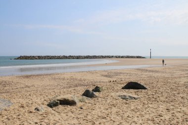 İnsanoğlunun uzak ufukta köpekle birlikte yürüdüğü güzel bir yaz manzarası kumlu bir plajda. Geniş bir sahil ve sakin deniz ve mavi gökyüzü Norfolk 'ta, Doğu Anglia İngiltere' de Temmuz 2021 'de.