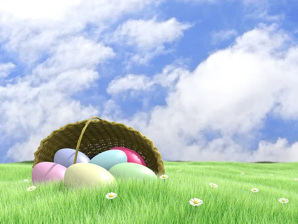 Wielkanocne jaja kosz i stokrotki — Zdjęcie stockowe