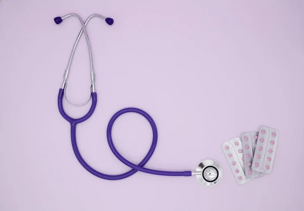 Stethoscope, three blisters with pink medical pills on pink background with copy space. Medical flat lay.