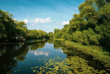 Köprüden bir nehir vuruldu. Gökyüzü suya yansıyor. Kırsalda yaz zamanı.