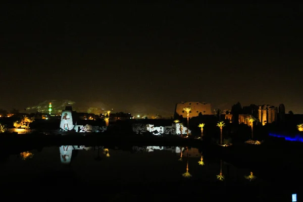 Grande Tempio Illuminato Amon Karnak Notte Luxor Egitto — Foto Stock