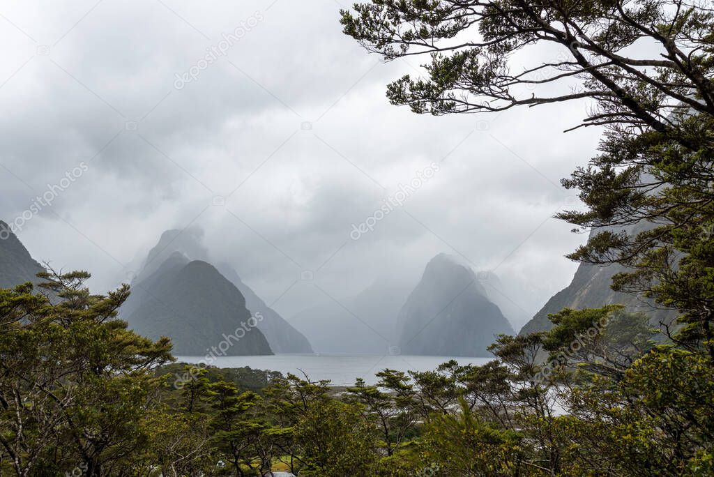 Magnificent panoramic view of Milford Sound during rainy weather, South Island of New Zealand