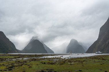 Yeni Zelanda 'nın Güney Adası, yağmurlu havalarda Milford Sound' un muhteşem panoramik manzarası