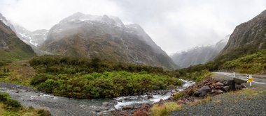Dağlık Maymun Deresi, Yeni Zelanda 'nın güneyindeki Milford Sound karayolunun yanındaki etkileyici arazide akıyor.