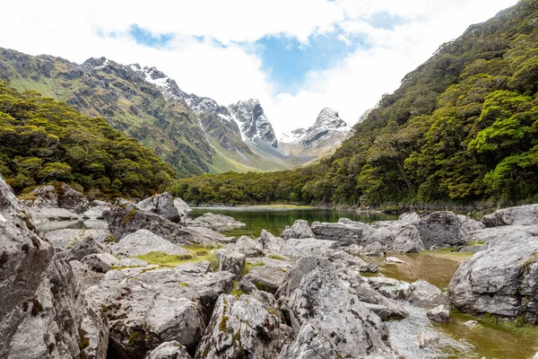 ニュージーランドの南島 フィールドランド国立公園の有名なルートバーントラックで静かな山の湖マッケンジー — ストック写真