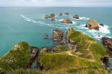 Yeni Zelanda 'nın Güney Adası Nugget Point' teki ünlü manzara ve deniz feneri.