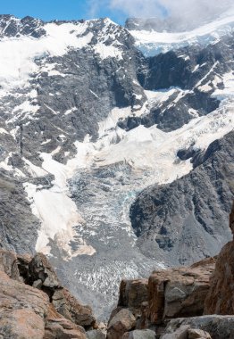Mount Oliver 'dan Mueller buzulunun manzarası, Mount Cook Ulusal Parkı, Yeni Zelanda' nın Güney Adası