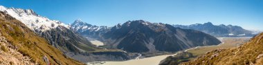 Mueller Hut Route 'dan Cook Dağı ve Hooker Vadisi' ne manzara, Yeni Zelanda 'nın Güney Adası, Cook Dağı Ulusal Parkı.