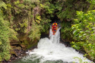 Yeni Zelanda 'nın Kuzey Adası, Rotorua yakınlarındaki Caituna nehrinde rafting.