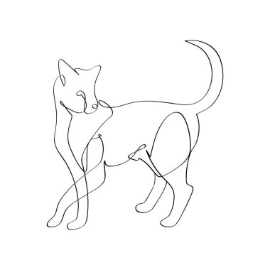 Bir kedinin silueti sürekli bir çizgi halinde. Serbest çizim, siyah çizim, karalama, beyaz arka planda izole edilmiş. Logo ya da dekorasyon için düzenlenebilir hayvan hayvan gösterimi