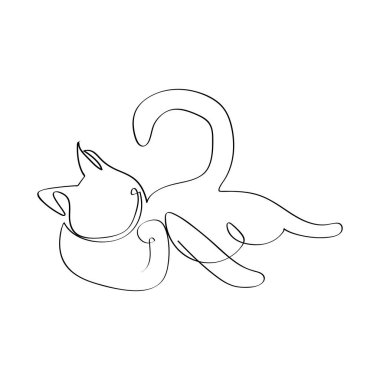 Bir kedinin silueti sürekli bir çizgi halinde. Serbest çizim, siyah çizim, karalama, beyaz arka planda izole edilmiş. Logo ya da dekorasyon için düzenlenebilir hayvan hayvan gösterimi