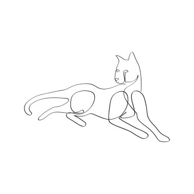 Bir kedinin silueti sürekli bir çizgi halinde. Serbest çizim, siyah çizim, karalama, beyaz arka planda izole edilmiş. Logo ya da dekorasyon için düzenlenebilir hayvan hayvan gösterimi