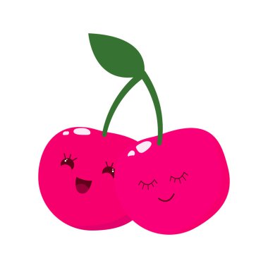 Tatlı iki kiraz. Komik meyve karakteri. Duygular. Meyve simgesi. Kawaii. Vektör düz resimleme.