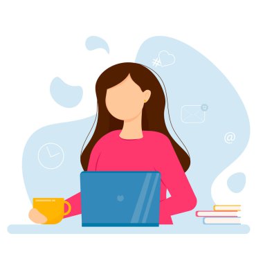 Kadın dizüstü bilgisayarda çalışıyor, masaya oturuyor, bir kadın okuyor, çalışıyor, para kazanıyor. Evden çalışıyorum. Vektör düz resimleme