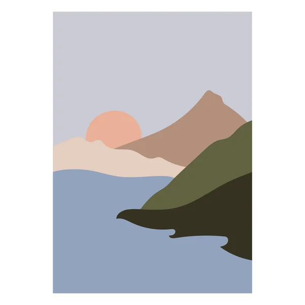 Abstract landscape. Mountains and river. Minimalistic landscape. Trendy print of nature, for posture, for decoration, background, for packaging, for web design.